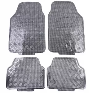 Car Rubber Floor Mat Set 4pcs Aluminum Checker Plate Look Universal Chrome Carbon