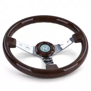 Exclusive sport steering wheel wood look with chrome spokes 350mm for Momo Sparco