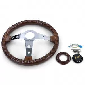 Exclusive sport steering wheel wood look with chrome spokes 350mm for Momo Sparco