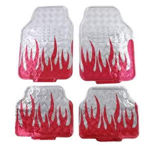 Car floor mat set universal aluminum checker plate look flames 4-piece chrome red