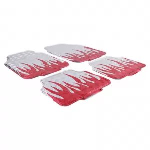 Car floor mat set universal aluminum checker plate look flames 4-piece chrome red