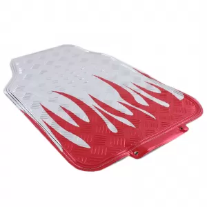 Car floor mat set universal aluminum checker plate look flames 4-piece chrome red