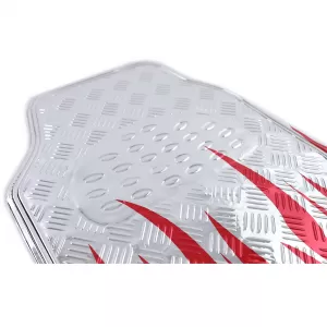 Car floor mat set universal aluminum checker plate look flames 4-piece chrome red