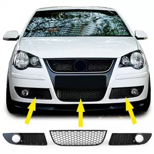Honeycomb Grille Radiator Grille Insert + Fog Light Covers for VW Polo 9N3