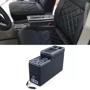 Console centrale comfort con vano portaoggetti e USB, in pelle nera, adatta per VW Bus T5 T6 dal 03-image-6197763