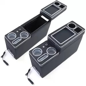 Console centrale comfort con vano portaoggetti e USB, in pelle nera, adatta per VW Bus T5 T6 dal 03-image-6197764