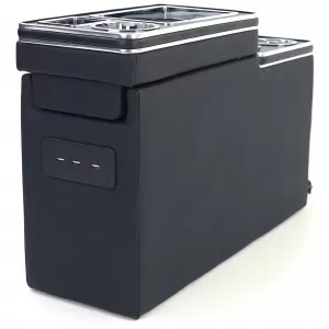 Console centrale comfort con vano portaoggetti e USB, in pelle nera, adatta per VW Bus T5 T6 dal 03-image-6197767