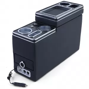 Console centrale comfort con vano portaoggetti e USB, in pelle nera, adatta per VW Bus T5 T6 dal 03-image-6197769