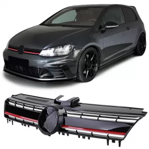 Performance radiator grille gloss black with red trim for VW Golf 7 + GTI 12-17