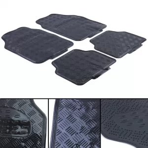 Car rubber floor mats universal aluminum checker plate look 4-piece chrome black