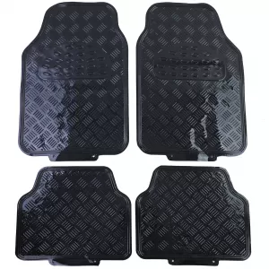 Car rubber floor mats universal aluminum checker plate look 4-piece chrome black