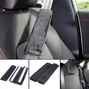 2x Seat Belt Pads Safety Belt Cushion Belt Protector Black with Red Stitching