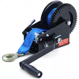 Premium 1500kg Seilwinde Handwinde mit 8 Meter Gurt Blau für PKW Anhänger