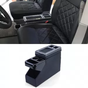 Center console with storage compartments, glossy black leather, for VW Bus T5 T6 from 03