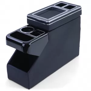 Center console with storage compartments, glossy black leather, for VW Bus T5 T6 from 03