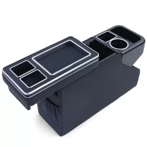 Center console with storage compartments, glossy black leather, for VW Bus T5 T6 from 03