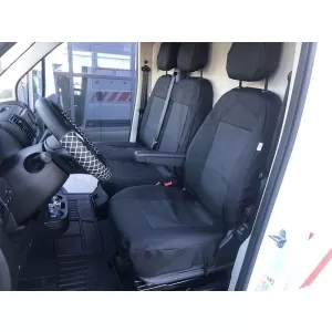 Tapițerie Kegel potrivită pentru scaunele Fiat Ducato, Citroen Jumper, Peugeot Boxer pentru scaun singular + dublu, neagră cu gri-image-6212292