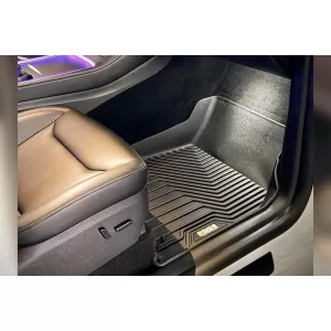 Tappetini in gomma e moquette 2 in 1 adatti per Tesla Model Y 2020-2025 della serie Frogum 5D Race Rock, set da 3 pezzi, colore nero-image-6232723