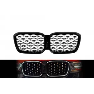image-13-Iconic Glow gyémánt mintás világító hűtőrács BMW X3 G01, X4 G02 2022-2024, króm/fekete