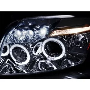 Set di fari tuning con anelli angelici adatto per Dodge Caliber 2006-2012 con base cromata, sinistro e destro-image-6238351