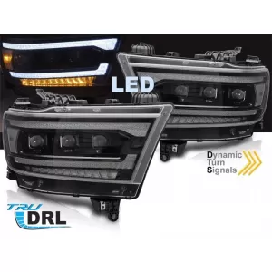 Set di fari a LED tuning adatto per Dodge Ram 1500 2019-2022 con base nera, dotato di indicatori di direzione dinamici, per il modello con luci DRL di fabbrica, sinistro e destro-image-6238356