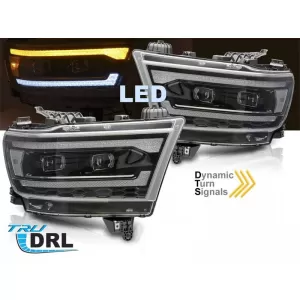 Set di fari a LED tuning adatto per Dodge Ram 1500 2019-2022 con base nera, dotato di indicatori di direzione dinamici, per il modello con luci DRL di fabbrica, con funzione 