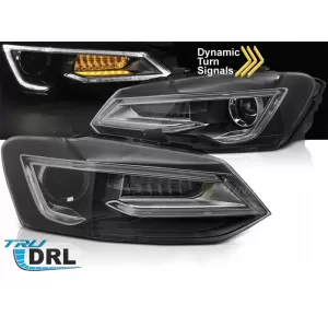 Set di fari a LED tuning adatto per Volkswagen Polo 2009-2017 con base nera, per il modello con luci alogene di fabbrica, con indicatori di direzione dinamici, sinistro e destro-image-6238779