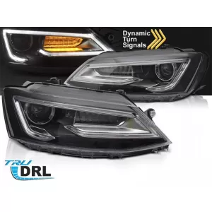 Set di fari a LED tuning adatto per Volkswagen Jetta 2011-2018 con base nera, per il modello con luci alogene di fabbrica, con indicatori di direzione dinamici, sinistro e destro-image-6238784