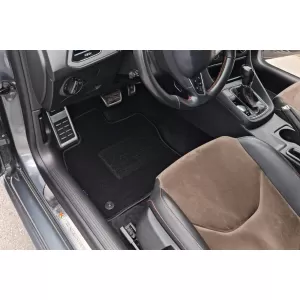 Mochete de podea din covor cu două straturi, potrivite pentru Seat Leon hatchback, estate 2012-2020, din țesătură Rex, set de 4 bucăți, negru-image-6240458