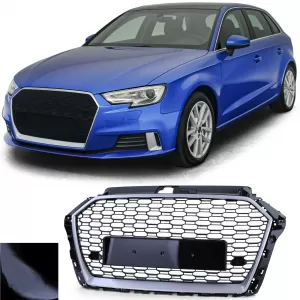 Sport grille honeycomb grille black gloss silver for Audi A3 8V 16-20 without ACC