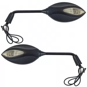 Motorcycle Universal Scooter Mirror Pair with LED Indicator Metal Housing Black