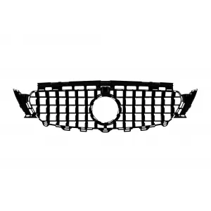 Griglia tipo GT in lacca nera adatta per Mercedes E-Class W213 berlina, S213 station wagon, C238 coupé, A238 cabriolet 2016-2019 con apertura per telecamera-image-6265562