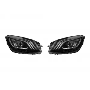 Kit di fari a LED tuning adatto per Mercedes S-Class W222 2013-2017 con moduli che presentano un pacchetto Design A per il facelift W222, base nera, sinistra e destra.-image-6265722