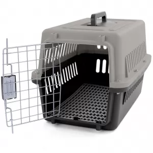 Tier Reise Auto Transportbox mit Tür für Hund Katze usw. Grau Schwarz 30x48x31cm-image-6277249