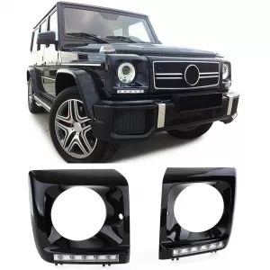 Scheinwerferabdeckungen in Schwarz Hochglanz mit LED-Tagfahrlicht, geeignet für Mercedes G W463-image-6277889