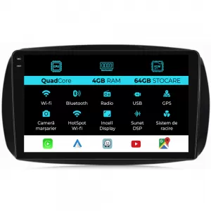 Dedicated Navigation suitable for Smart For Four (2016 - 2021), QuadCore, 9 Inch, 4Gb Ram, 64Gb Storage, Android Auto, Carplay - NAVCAS6032162