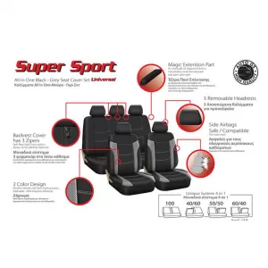 Seat Covers Super Sport All In One Black-Grey Set Front-Rear 11 Pieces-image-6289976