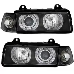Headlights Set Suitable for BMW 3 E36 90-99 Sedan / Compact / Touring Angel Eyes Black H7/H7 Depo-image-6290085
