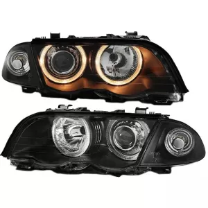 Headlights Set Suitable for BMW 3 E46 Sedan/Caravan 99-01 Angel Eyes Black H7/H7 With Motor Depo-image-6290091