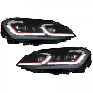 Headlights Set suitable for VW Golf VII (7) 12-17 Look 7.5 GTI Black/Red Line H7 With Motor Carner-image-6290177