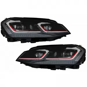 Headlights Set suitable for VW Golf VII (7) 12-17 Look 7.5 GTI Black/Red Line H7 With Motor Carner-image-6290178