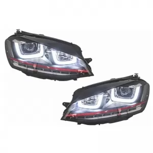 Headlights Set Suitable for VW Golf VII (7) 12-17 DRL U-Type GTI Black/Red H7/H7 With Motor Carner-image-6290679