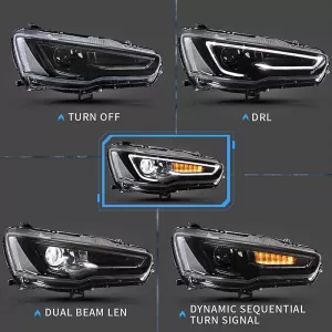 Headlights Set Suitable for Mitsubishi Lancer 07-17 DRL Led Tube & Dynamic Signal Black/Chrome H7 Manual VLAND-image-6290685