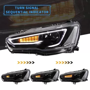 Headlights Set Suitable for Mitsubishi Lancer 07-17 DRL Led Tube & Dynamic Signal Black/Chrome H7 Manual VLAND-image-6290686