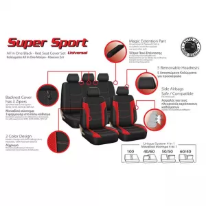 Seat Covers Super Sport All In One Black-Red Set Front-Rear 11 Pieces-image-6292436