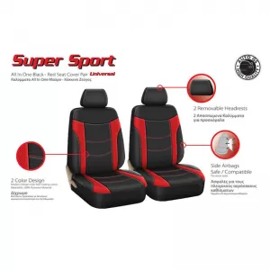 Seat Covers Sport All In One Black-Red Pair 4 Pieces-image-6292446