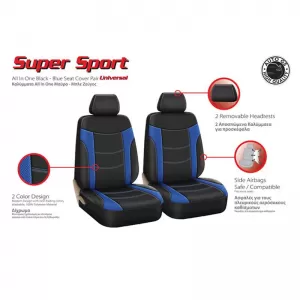 Seat Covers Sport All In One Black-Blue Pair 4 Pieces-image-6292469