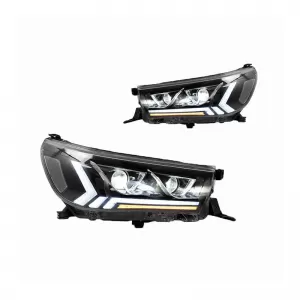 Headlights Set Suitable for Toyota Hilux Revo 15-19 With Dynamic Start DRL & Signal Black With Motor VLand-image-6294302