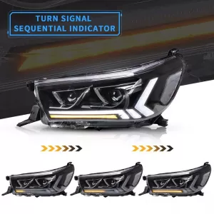 Headlights Set Suitable for Toyota Hilux Revo 15-19 With Dynamic Start DRL & Signal Black With Motor VLand-image-6294305