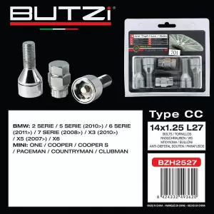 Antitheft Wheel Nuts / Bolts Butzi Premium Kit 6 pcs With Unique Key-Tool Type-CC M14x1.25 L27 T17-image-6294822